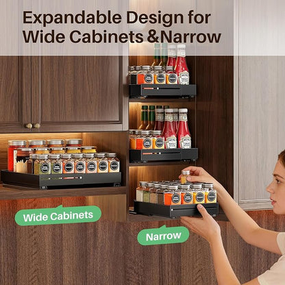 SNTD Pull Out Spice Rack for Upper Cabinet - Expandable Organizer with Smooth Ball Bearing Slides, No Drill Mounting Spice Storage for Kitchen (1 Pack, 7.2" to 12.9" W X 10" D X 2.2" H)