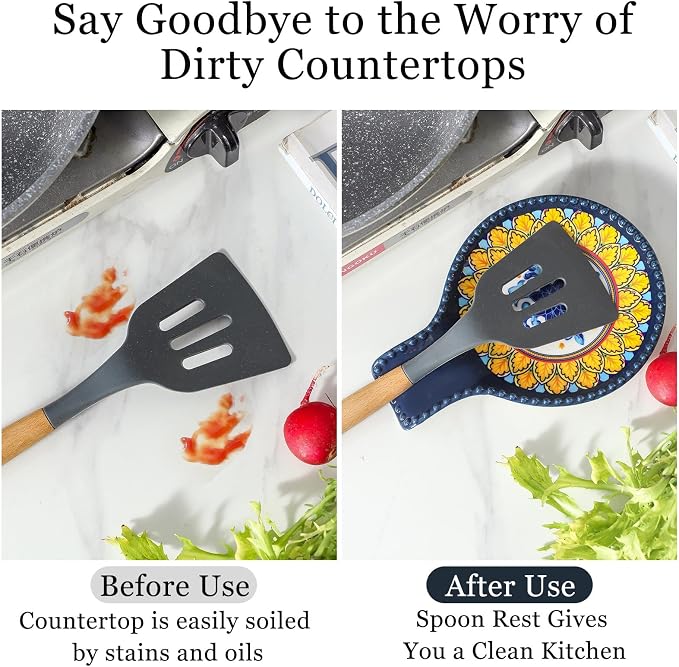 Spoon Rest for Stove Top 7.7 Inch Spoon Holder Ceramic Blue Kitchen Spoon Rest for Spatula, Tongs or Decorations, Bohemian Large Ladle Holder for Gift, Heat-Resistant,Dishwasher Safe