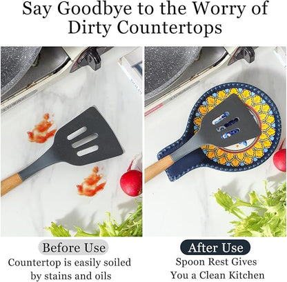 Spoon Rest for Stove Top 7.7 Inch Spoon Holder Ceramic Blue Kitchen Spoon Rest for Spatula, Tongs or Decorations, Bohemian Large Ladle Holder for Gift, Heat-Resistant,Dishwasher Safe