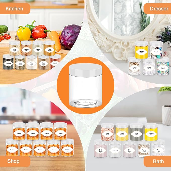 PeacePeo 8 OZ Plastic Jars, 48 Pcs Clear Plastic Jars with Lids Stackable Leakproof Storage Containers Jar Clear Empty Slime Containers with White Lids for Kitchen and Household Food Storage