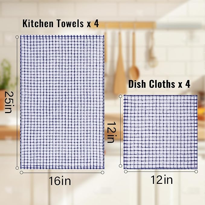 Homaxy Kitchen Towels and Dishcloths Set, 16 x 25 and 12 x 12 Inches, Set of 16 Cotton Terry Kitchen Dish Towels, Super Soft and Absorbent Dish Cloths, Blue