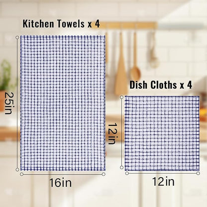 Homaxy Kitchen Towels and Dishcloths Set, 16 x 25 and 12 x 12 Inches, Set of 16 Cotton Terry Kitchen Dish Towels, Super Soft and Absorbent Dish Cloths, Blue
