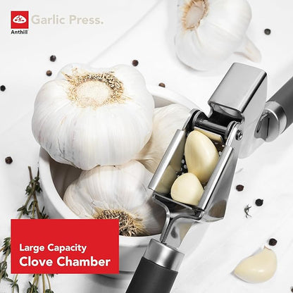 Anthill Premium – Heavy Duty Garlic Press - Stainless Steel – Rust proof – Dishwasher Safe – Garlic Mincer tool – Easy-Clean with Soft Grip Handle – Strong and Durable – Press Garlic with ease (Grey)