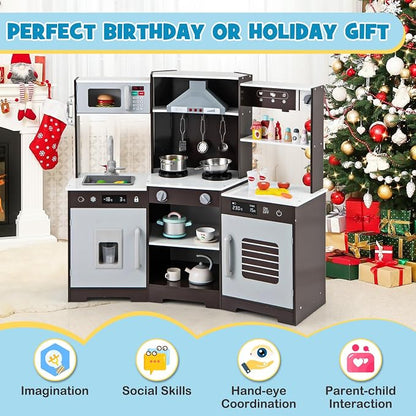 Costzon Corner Kids Kitchen Playset, Wooden Toy Kitchen Set w/Lights & Sounds Range Hood, Ice Maker, Pretend Telephone, Sink, Faucet, Microwave, Oven, Play Kitchen for Kids 3+ (Brown)