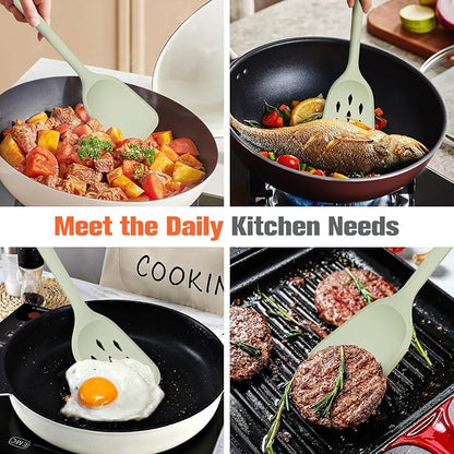 Silicone Cooking Spatula&Slotted Spatulas, Pack of 2,Solid Turner Kitchen Utensils Set for Cooking,Frying, Baking, Flipping, Turning,Heat Resistant 450℉ (Green)