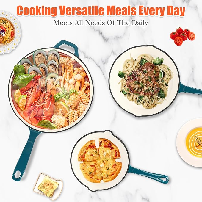 QuliMetal Nonstick Enameled Cast Iron Skillet Set (8", 9.5", 11") - Healthy Non-Toxic, PFOA/PFAS/PTFE-Free, All Stovetops Compatible, Light Cyan, 3-Pieces