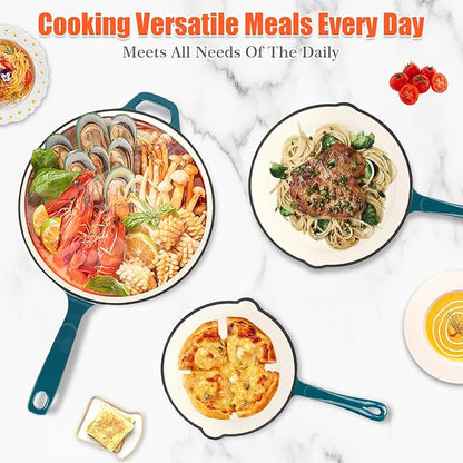 QuliMetal Nonstick Enameled Cast Iron Skillet Set (8", 9.5", 11") - Healthy Non-Toxic, PFOA/PFAS/PTFE-Free, All Stovetops Compatible, Light Cyan, 3-Pieces