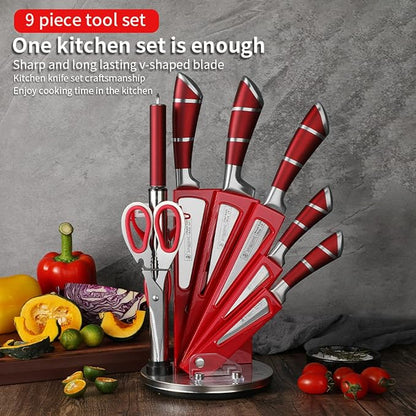 Kitchen Knife Set, 9-Piece Red Kitchen Knife Set with Acrylic Block, Non Stick Sharp High Carbon Stainless Steel Knife Set for Kitchen Cutting Meat Slicing Chopping Kitchen Women Gifts