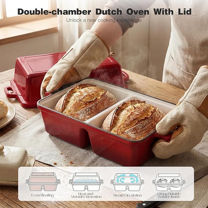 Double Dutch Oven for Sourdough Bread Baking,Enameled Cast Iron Dutch Oven with Lid,Double-Chamber Square Mini Sourdough Loaf Pan for Homemade Bread, Red(Patent Has Been Applied for)