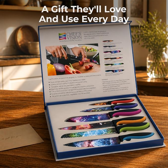 CHEF'S VISION Cosmos Kitchen Knife Set – 6-Piece Stainless Steel Knives with Non-Stick Coating, Dishwasher Safe, Galaxy Design, Unique Gift for Space Lovers