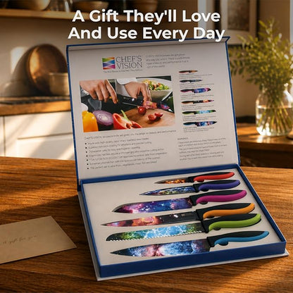 CHEF'S VISION Cosmos Kitchen Knife Set – 6-Piece Stainless Steel Knives with Non-Stick Coating, Dishwasher Safe, Galaxy Design, Unique Gift for Space Lovers