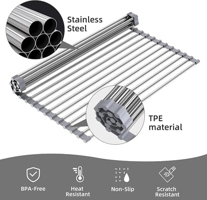 Over Sink Dish Drying Rack, 17" L x 11.8" W, Roll Up Dish Drying Rack for Kitchen, Gray