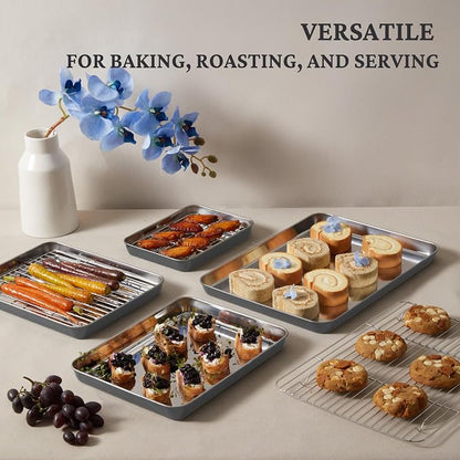 BRONYPRO Stainless Steel Baking Sheet with Wire Rack Pan (3 Pans + 3 Racks), Cookie Sheets 9/12/16 In, Non-Toxic (PFOA & PTFE Free), Solid Warp-Resistant Cooking Trays for Oven & Toaster, Gray