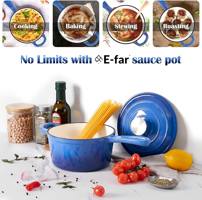 E-far 1Qt & 2Qt Sauce Pan Set, Enameled Cast Iron Saucepans Pot with Self-basting Lids, Heavy Duty Small Dutch Oven for Stove, Induction-Ready & Easy Clean, Deep Blue