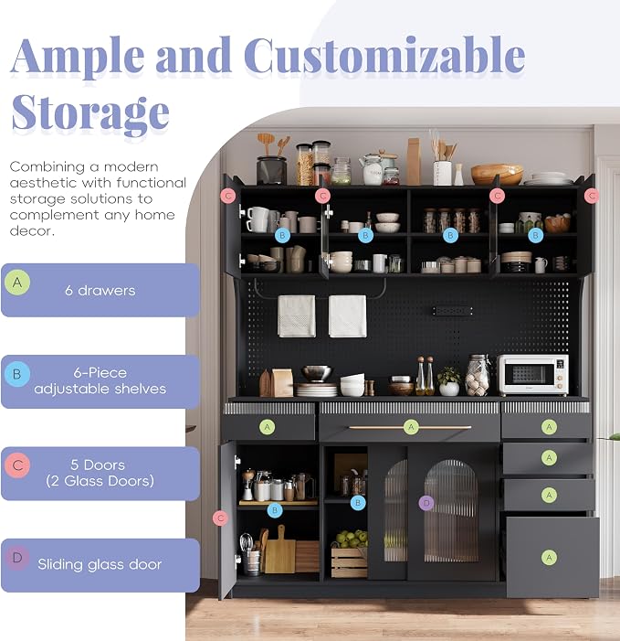 VilroCaz Freestanding Large Kitchen Pantry, Wooden Kitchen Large Coffee Bar Storage Cabinet with 6 Drawers, 5 Cabinets with Adjustable Shelves, Pegboard, Towel Rack, Power Outlet (Black-po)