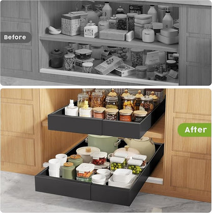 Seinloes 2 Pack Pull Out Cabinet Organizers 21" Deep With Raising Pad for Framed Cabinets, Expandable Width (9"-14") Slide Out Drawers Upgrade 3 Slide Rails, Roll Out Shelves Adhesive, Black
