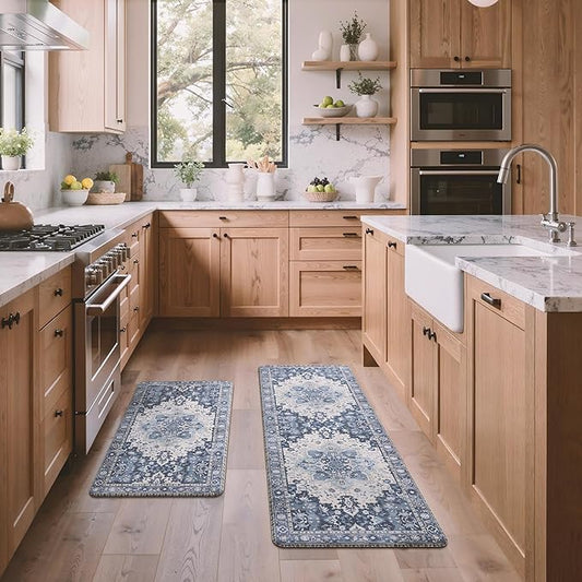 GENIMO Kitchen Mats for Floor 2PCs, Washable Anti Fatigue Mat for Cushioned, 17.3"x47"+17.3"x30", Waterproof Kitchen Rugs, Non Slip Comfort Standing Mat Rug for Home, Sink, Laundry, Soft Blue Violet