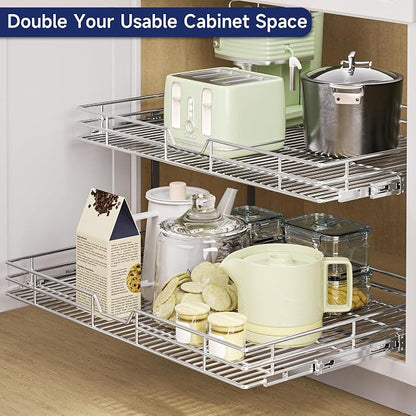 2-Tier Pull Out Cabinet Organizer, 31.5" W x 21.5" D, Heavy Duty Dual Slide Out Shelves for Wide Base Cabinets, Chrome Wire Basket Drawer for Pots, Pans, Pantry & Cleaning Supplies