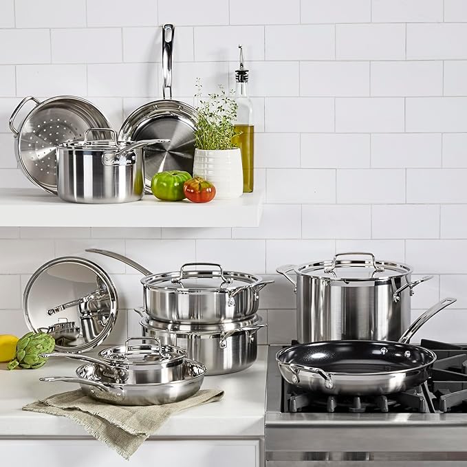 Cuisinart 12-Piece Cookware Set, MultiClad Pro Triple-Ply Stainless Steel Cookware Set, Heat Surround Technology, Cool Grip Stick Handles, Oven Safe up to 500F, MCPS-15N, Silver