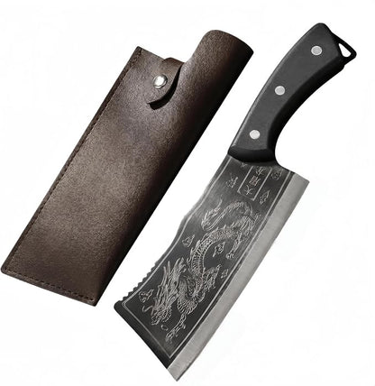 Dragon Engraved Chinese Cleaver with Sheath, High Carbon Stainless Steel Sharp Chef’s Tool for Kitchen, Meat Cleaver, Vegetable or Meat Cutting, Cool for Men, Ideal for Home Cooking or Camping