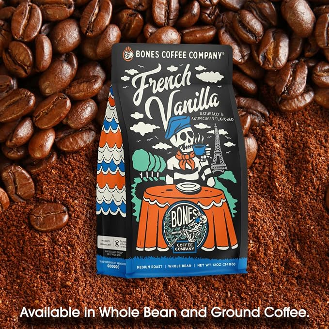 Bones Coffee Company French Vanilla, Creamy Vanilla Flavored Coffee, Medium Roast Low Acid Arabica Beans Compatible with Auto drip and French Press Coffee Maker, 12 Oz Ground