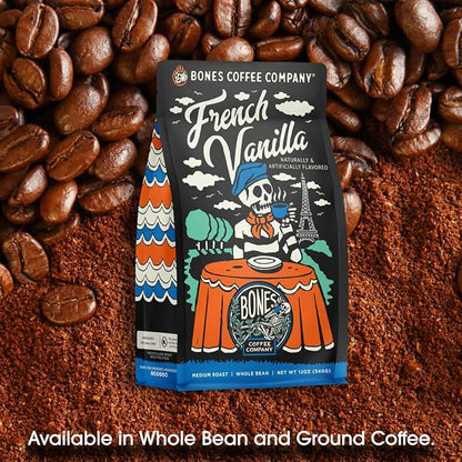 Bones Coffee Company French Vanilla, Creamy Vanilla Flavored Coffee, Medium Roast Low Acid Arabica Beans Compatible with Auto drip and French Press Coffee Maker, 12 Oz Whole Bean