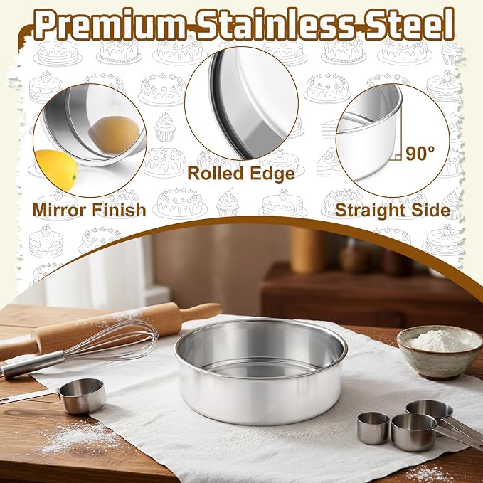 E-far 7 Inch Cake Pan Set of 3, Stainless Steel Round Baking Pans Tins for Layer Birthday Wedding Cakes, Dishwasher & Oven Safe, Healthy & Non-toxic, Leak Proof & Mirror Polished
