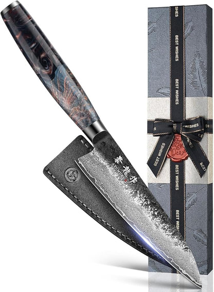 5.5'' Japanese Utility Knife with VG10 Core, Handcrafted 67-Layer Damascus Chef Knife with Ergonomic Handle, Full Tang Multi-Purpose Petty Knives with Luxury Gift Box, Cooking Gifts for Men