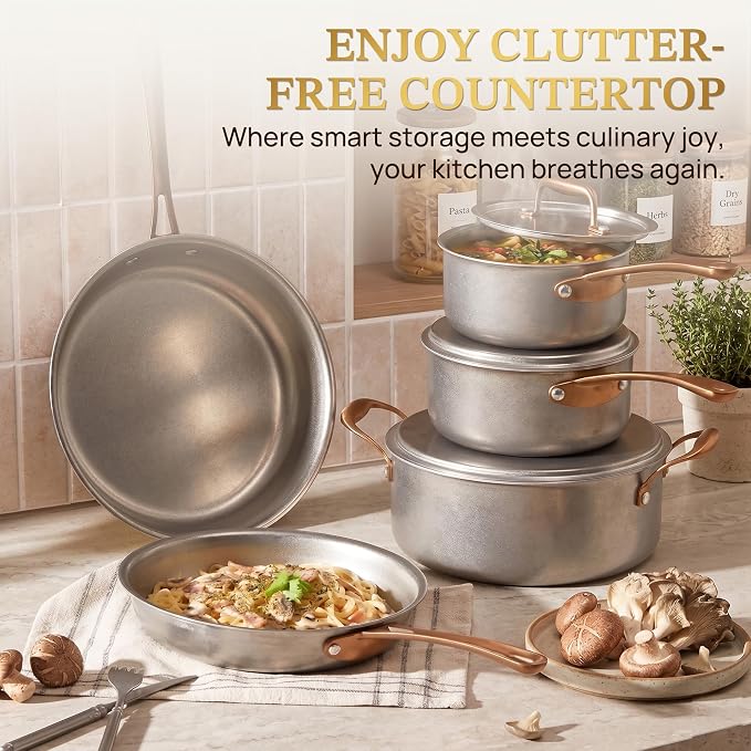 KOKHUB Pots and Pans Set 8 Pcs, Vintage Stainless Steel Cookware Set Non-Toxic, PFOA/PFOS/PTFE Free, Kitchen Cooking Set with Frying Pans, Saucepans, Oven & Dishwasher Safe, Induction Compatible