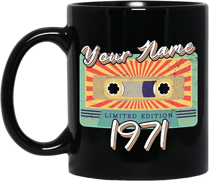 Personalized Vintage Cassette Tape Vintage 1971 Mug, Custom Your Name, 1971 Retro Coffee Mug, 51st Birthday Present Gifts, 1971 Birthday Gift For Friends Family, Customizable Black Tea Cups