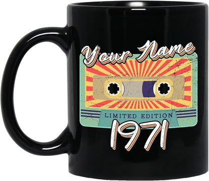 Personalized Vintage Cassette Tape Vintage 1971 Mug, Custom Your Name, 1971 Retro Coffee Mug, 51st Birthday Present Gifts, 1971 Birthday Gift For Friends Family, Customizable Black Tea Cups
