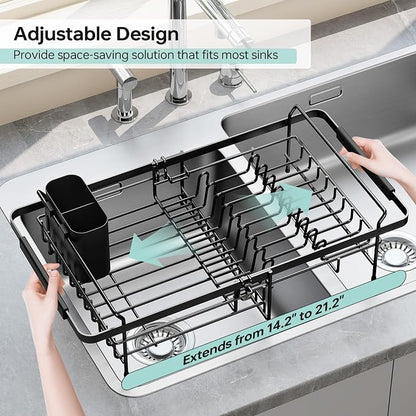 Urackify Dish Drying Rack in Sink - Stainless Steel Expandable (14.5''-18''L) Over The Sink Dish Rack with Utensil Holder, Space-Saving Dish Drainer for Kitchen Counter, 1 Piece, Matte Black
