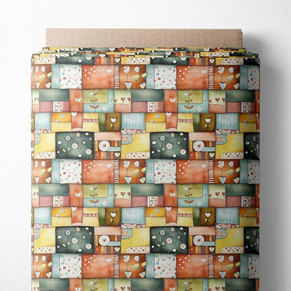 Patchwork Cotton Fabric Panel 61 x 36.6 Inches, Scandinavian Heart Pattern Quilt Style, Multicolor Rustic Design, 100% Cotton 140 GSM