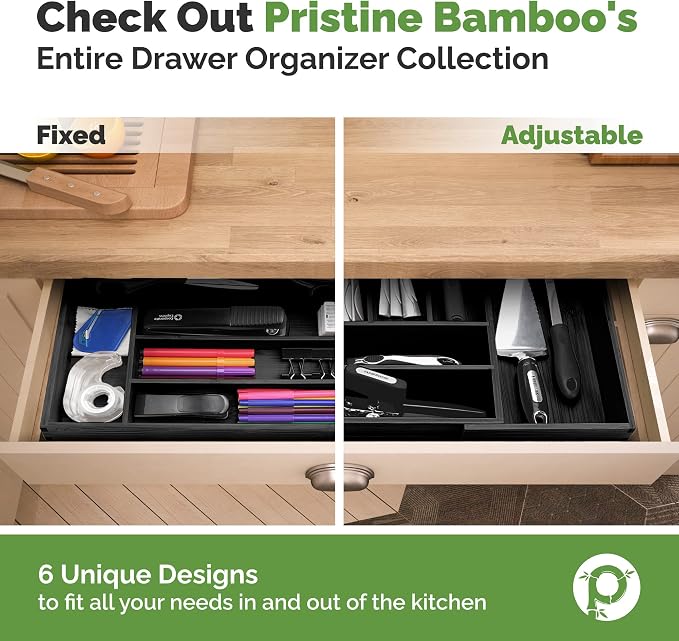 Pristine Bamboo 5-Slot Drawer Organizer - Kitchen and Utensil Organizer - Cutlery Tray - Flatware and Silverware Holder - Gray
