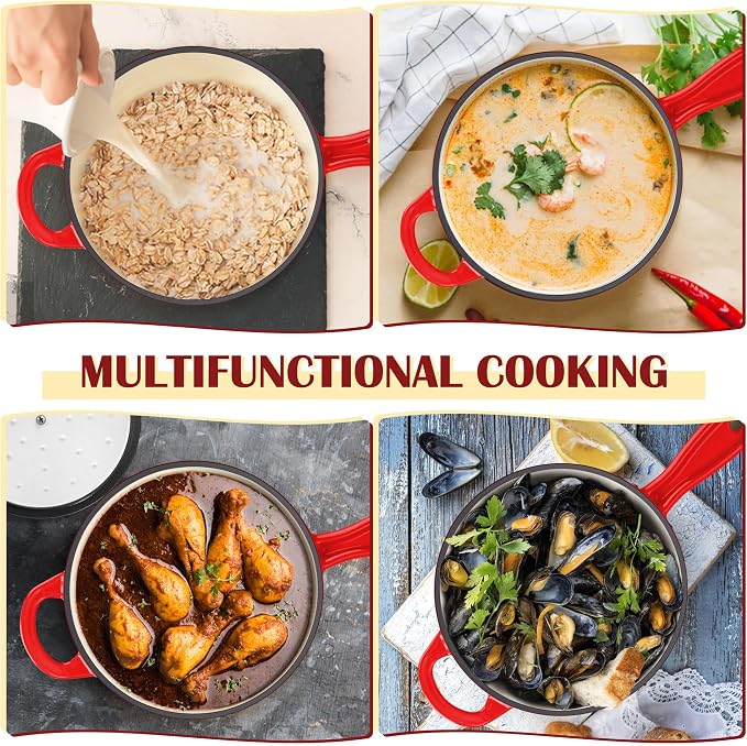 E-far Enameled Cast Iron Sauce Pan, 3 Quart Dutch Oven Saucepan with Lid, Small Sauce Pot for Cooking, Boiling, Healthy & Non Toxic, Induction & Oven Safe, Red