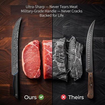 FINTISO Carving Brisket Knife 11.6 Inch, 67-Layer Damascus Steel Breaking Knife with Curved Blade, Slicing and Butcher Knives for Meat Cutting with Ergonomic G10 Handle - Zeus Series