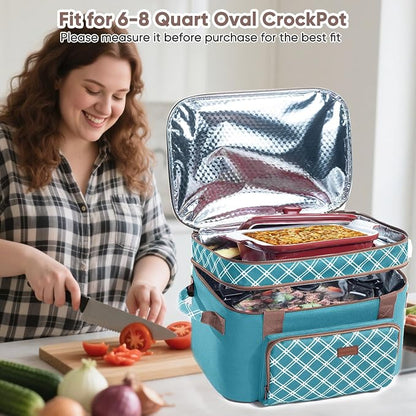 Double Layer Slow Cooker Carrier Bag – Fits 6–8 Qt Oval Slow Cooker Compatible with CrockPot & Hamilton Beach | Insulated Travel Tote with Utensil Storage & Adjustable Straps