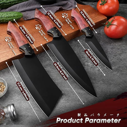 TIVOLI Kitchen Knife Set 3pcs - Chef Knife Set with Full Tang Wooden Handle - Cleaver, Chef, Kitchen Utility Knives for Meat, Vegetables and Fruit - Cooking Gifts for Men and Women