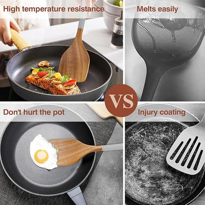 Wooden Spoons For Cooking, 6 Pieces Natural Acacia Wooden Cooking Utensils or Non-Stick Wooden Kitchen Utensil Set for Kitchen Essentials, Wood Cooking Utensils Set with Hanging Hole, Grey