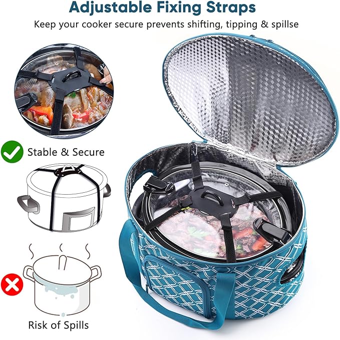 BAGSPRITE Double-layer Slow Cooker Carrying Case for Crock Pot 6-8 Quart, Insulated Crockpot Carrier with Adjustable Lid Straps,Portable Slow Cooker Travel Bag for Potluck, Parties, Family Gatherings