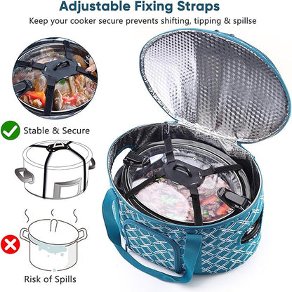 BAGSPRITE Double-layer Slow Cooker Carrying Case for Crock Pot 6-8 Quart, Insulated Crockpot Carrier with Adjustable Lid Straps,Portable Slow Cooker Travel Bag for Potluck, Parties, Family Gatherings