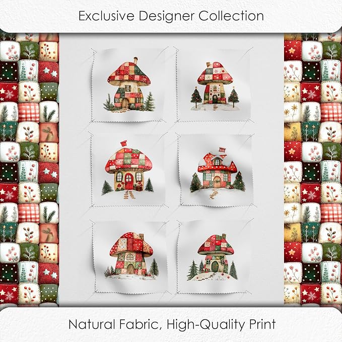 Christmas Patchwork Mushroom House Fabric Panel – Single Continuous Cotton Satin Panel with 6 Printed Squares 9.8” x 9.8” and Bonus Patchwork Area – 100% Cotton for Quilting & Sewing