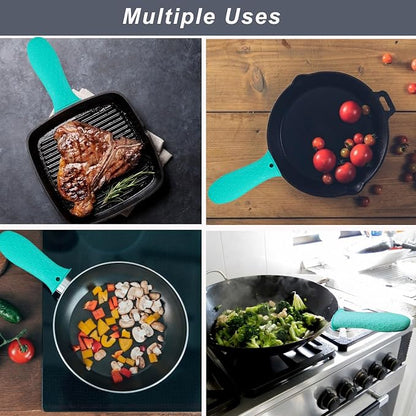 4 Pcs Silicone Hot Handle Holder, Non-Slip Potholder for Cast Iron Skillets & Frying Pans, Heat Resistant Sleeve Grip Cover, Metal Cookware Handle, Lake Blue