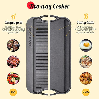 Overmont Reversible Cast Iron Grill Griddle Pan, Pre-Seasoned 17 x 9.8 Inch Dual-Sided Griddle Double Burner Cookware with Handles for Gas Grill, Stovetop, Oven, Campfire, Scrapers Included