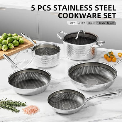 Stainless Steel Nonstick Pots and Pans Set (7 Pcs), PFOA Free, Induction Compatible, Fast & Even Heat, Dishwasher & Oven Safe (500F), 8/10/12" Fry Pans, Saucepan, Stock Pot for Home Cooking
