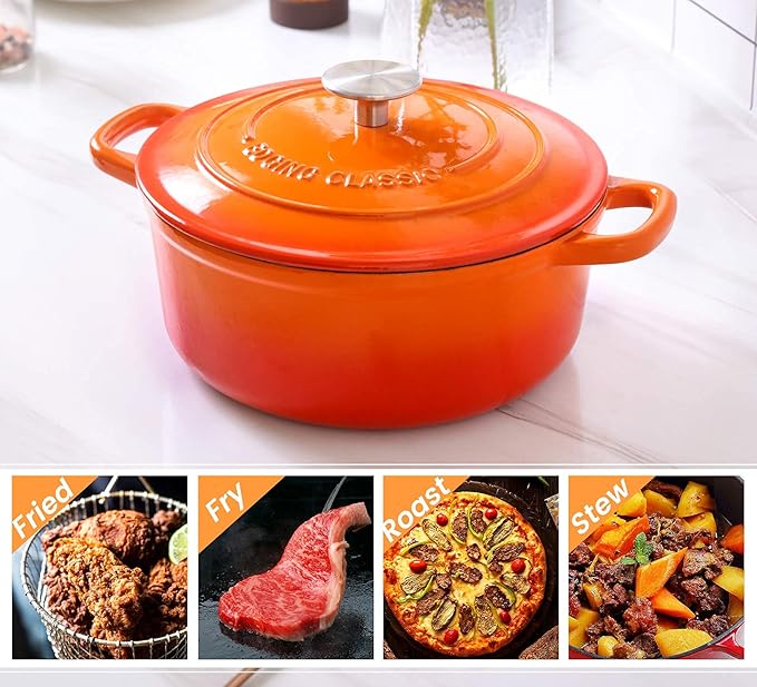 EDGING CASTING Enameled Cast Iron Dutch Oven, 5.5 Quart, Round Cast Dutch Ovens Pot with Lid Dual Handle for Bread Baking, Oven Safe up to 500°F, Orange