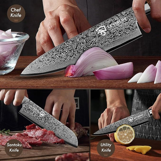 Damascus Kitchen Knife Set 3 Pieces, Chef Knife/Santoku/Steak, Handmade Damascus Stainless Steel Kitchen Knife, Ergonomic PAKKA Wood Handle