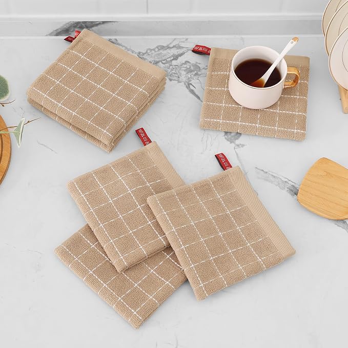 Mordimy 100% Cotton Terry Cloth Dish Cloths, Soft and Absorbent Checkered Dish Towels, Quick Drying Dish Rags for Washing Dishes, 12 Pack, 12 x 12 Inches, Tan