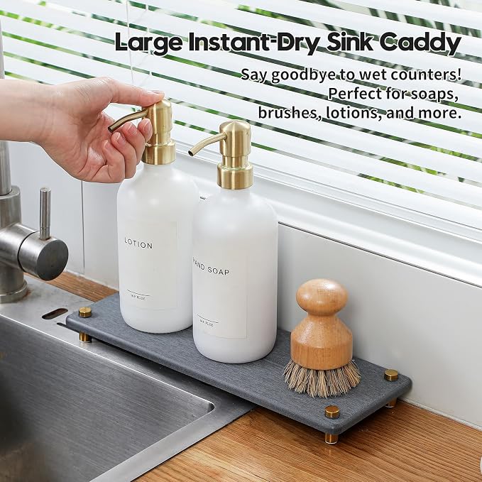 Kitchen Sink Caddy Water Absorbing Stone Drying Tray, Diatomite Bathroom Sink Organizer, Faucet Counter Mat Coaster, Soap Dish Rack Riser Dispenser Sponge Holder, Dark Gray Gold -12.5" x 4.5"