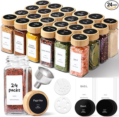 ComSaf Aesthetic Minimalist Spice Jars Set, 4 oz 24Pcs Glass Spice Containers with Labels, Bamboo Lids, 6 Extra Shaker Inserts, 93 Labels, Metal Funnel, Square Jars for Pantry Organization